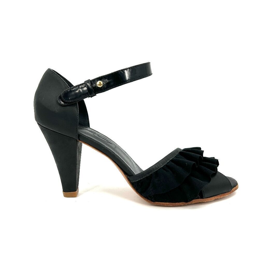 RACHEL COMEY Black Leather Ruffle Ankle Strap Peep Toe Heels Shoes Size 8.5
